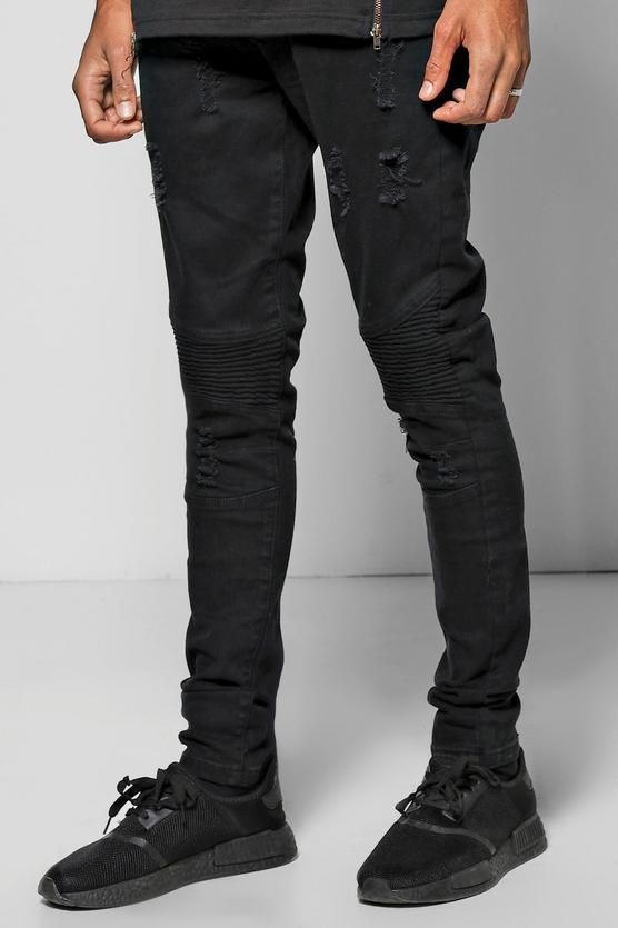 Distressed Super Skinny Biker Jeans With Pocket Zip